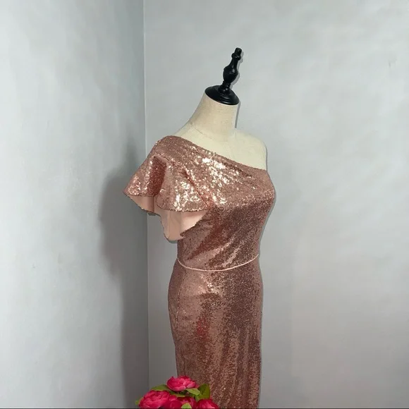 # Mac Duggal Rose Gold Sequins One Shoulder Ruffle Mini Dress / Gown New W/ Tag - Picture 6 of 17
